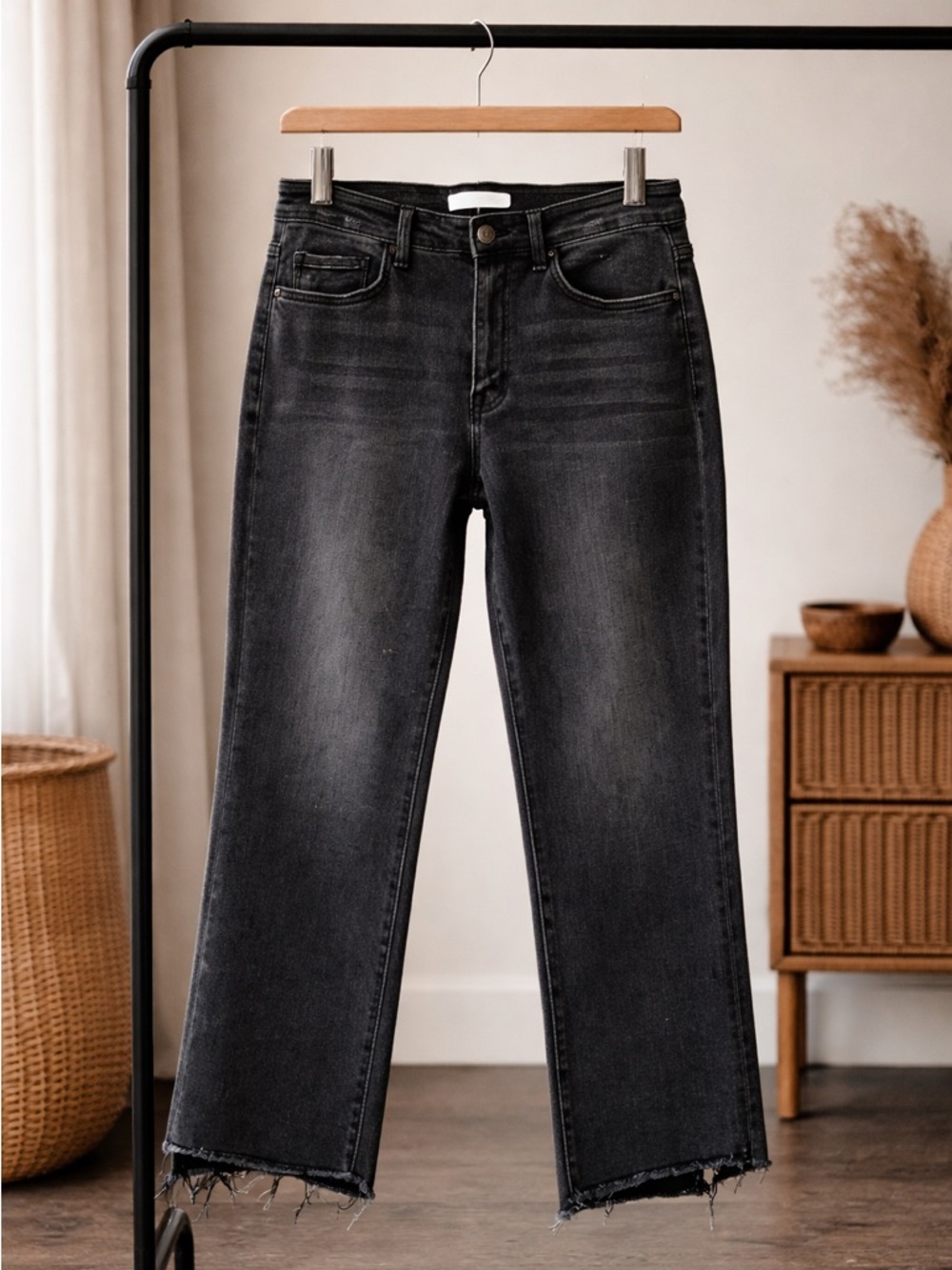 Vervet Cropped Straight Jeans Raw Step Hem High Rise Black 30
